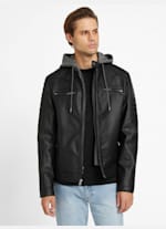David Faux Leather Hooded Jacket GUESS Factory