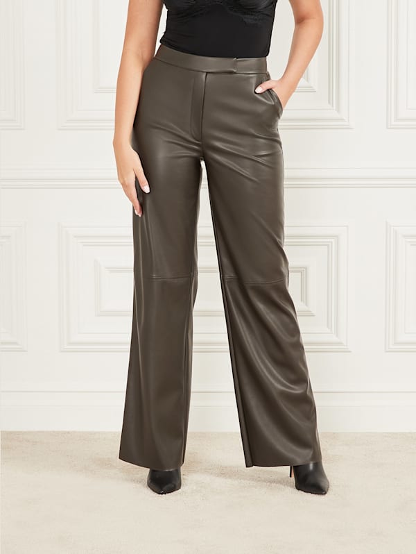 Retro Belted Wide Leg Bell Bottom Faux Leather Pants –