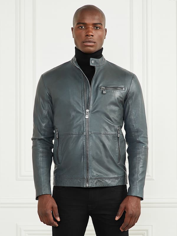 Guess men's leather jacket with hood shop