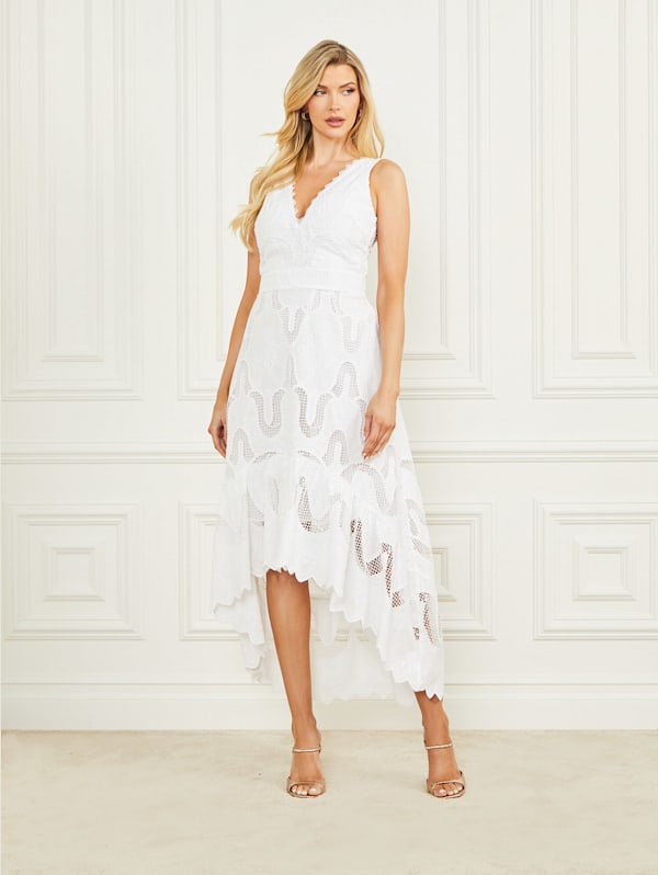 White midi embroidered dress hot sale