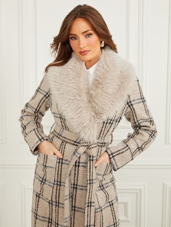 Charlize Sequin Plaid Wrap Coat GUESS Canada