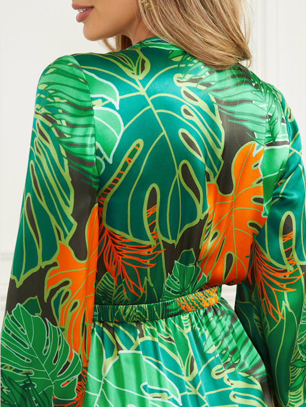 Amazon Leaf Belted Silk Dress GUESS Canada