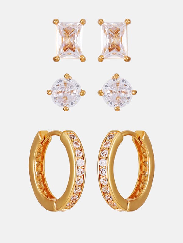 Gold Tone Stud Huggie Earrings Box Set 3 Pairs