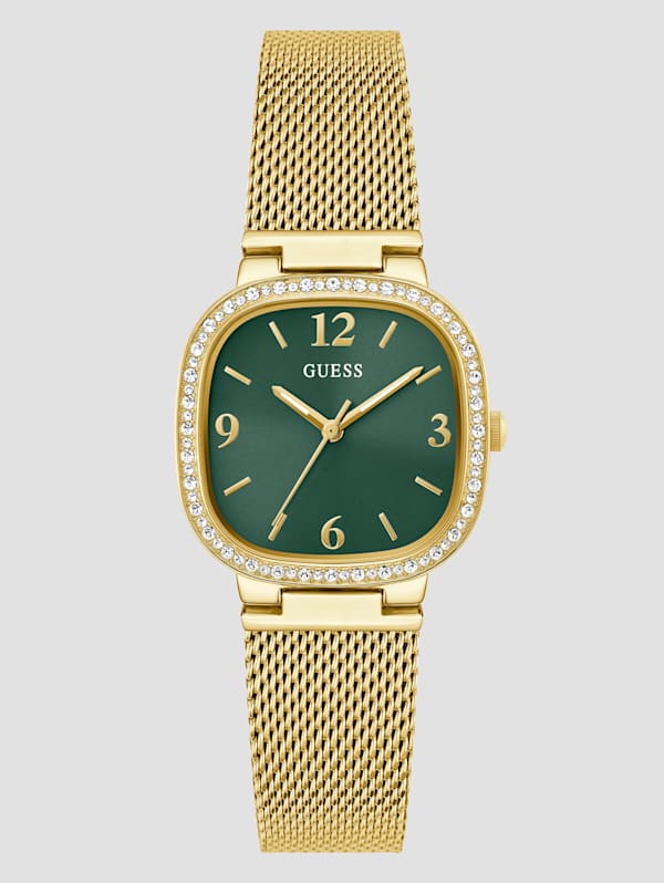 Gold Tone and Green Mesh Analog Watch