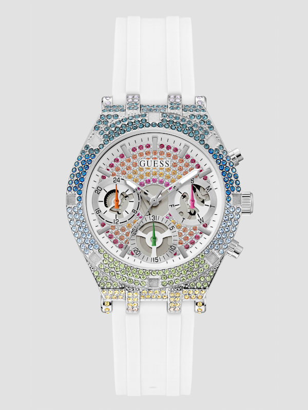 Rainbow Crystal and White Silicone Multifunction Watch