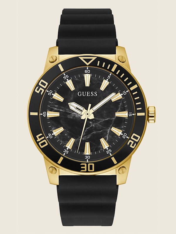 Gold-Tone and Black Silicone Analog Watch | GUESS
