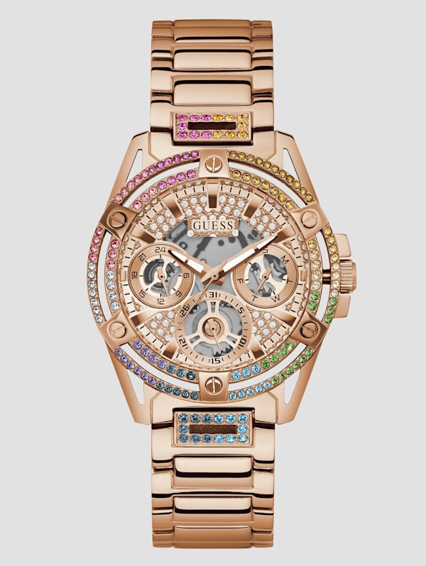 GUESS Women's Rose Gold-Tone and Denim Multifunction Watch