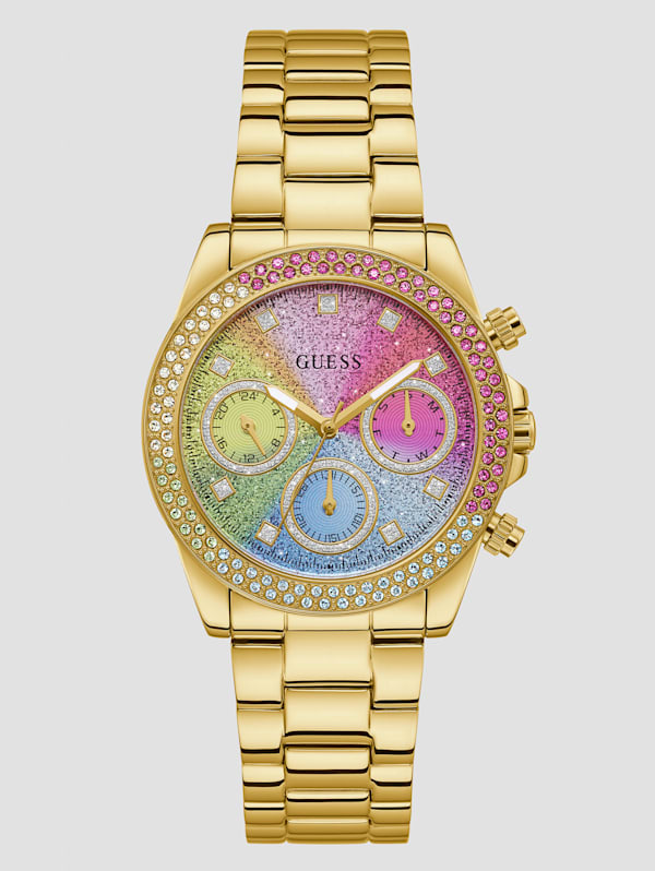 Gold Tone and Rainbow Multifunction Watch GUESS
