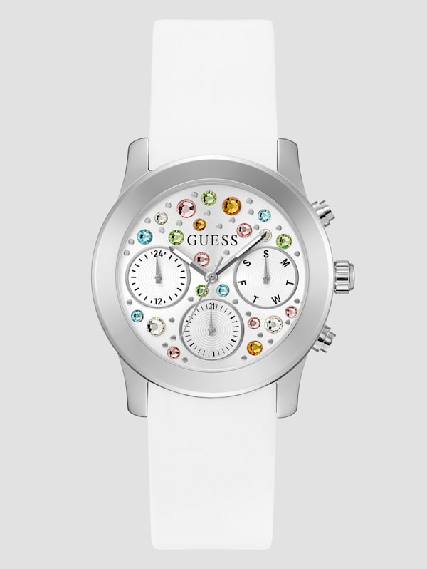 Silver Tone and White Colored Crystal Multifunction Watch GUESS