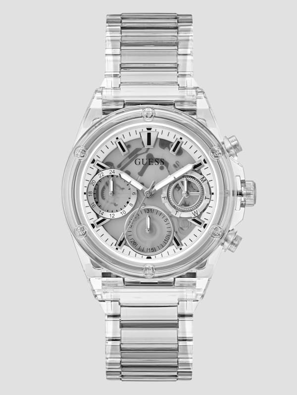 Silver Tone and Clear Multifunction Watch GUESS