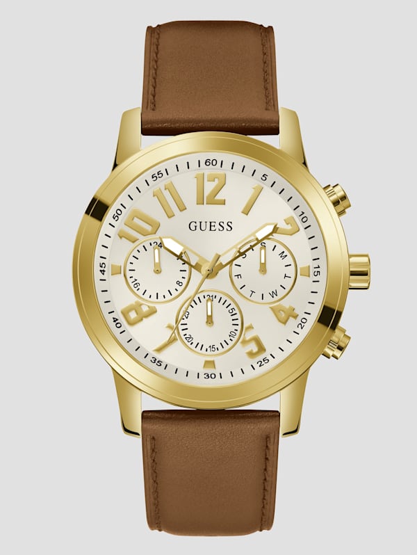 GUESS Mens Brown Gold Tone Multi function Watch GW0709G2