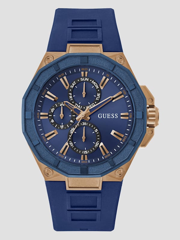 GUESS Rose Gold Tone Siliconeon Chronograph Watch Blue