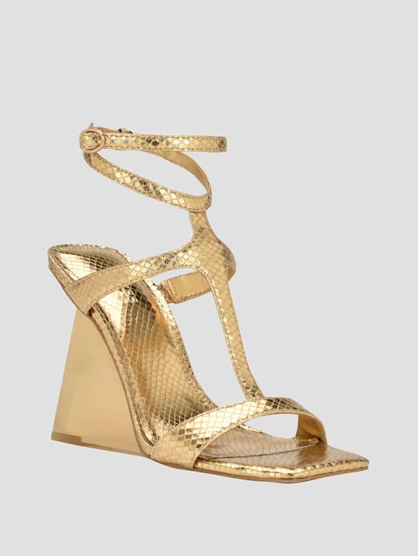 Bacio Metallic T-Strap Wedge Heels