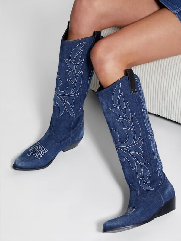 Ginnifer Knee High Denim Cowboy Boots | GUESS