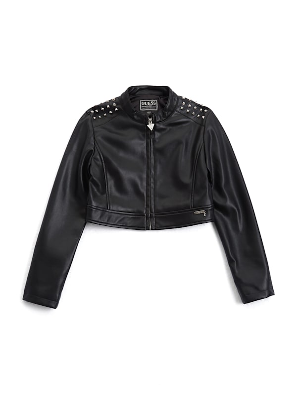 Black leather guess jacket hot sale