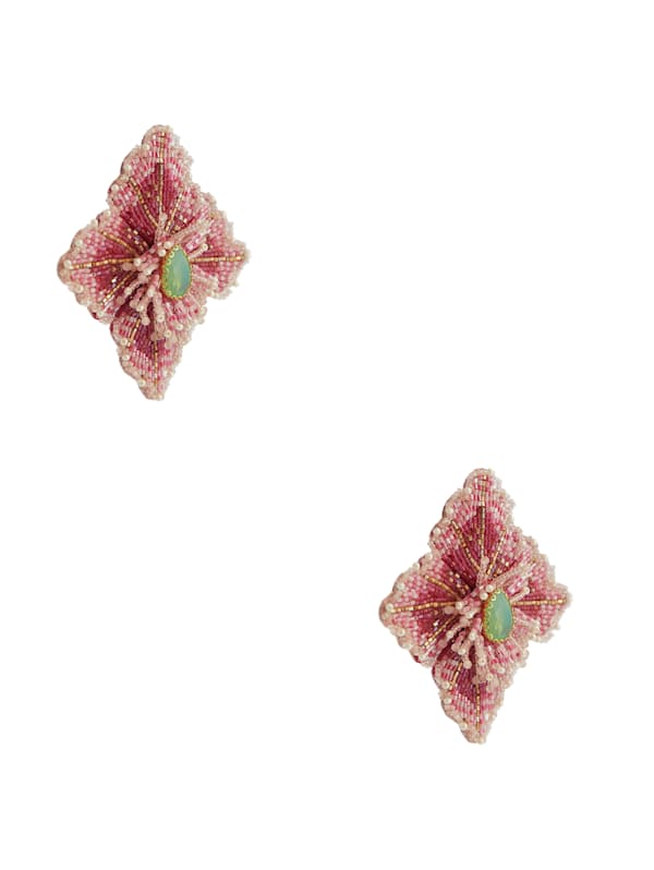 Pink Beaded Hibiscus Stud Earrings