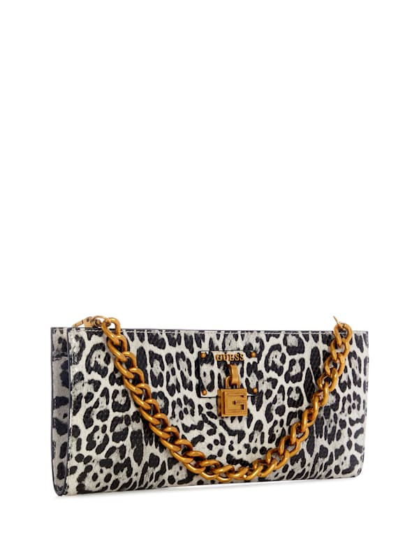 Guess Centre Stage Top Zip Clutch - Black/White Leopard