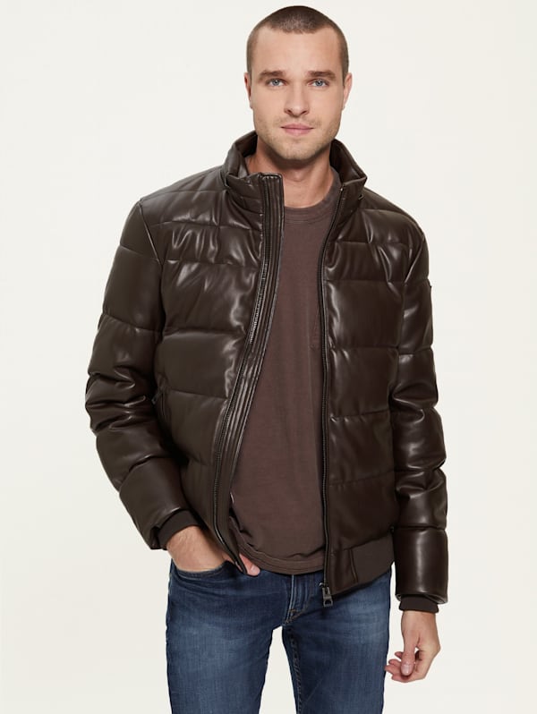 Guess Stretch Faux-Leather Puffer Jacket - Brown - Xs