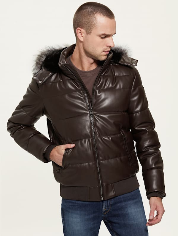 FAUX LEATHER PUFFER JACKET - Black