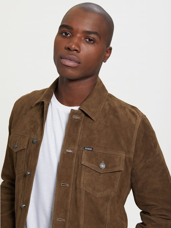 Guess brown leather jacket mens store