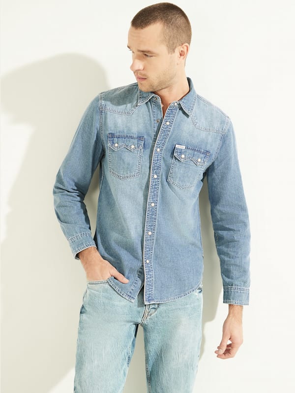 Men's Short Sleeve Western Denim Shirt in Medium Wash