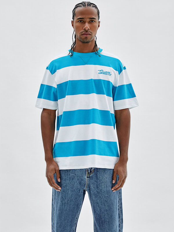 blue and white striped tee shirt