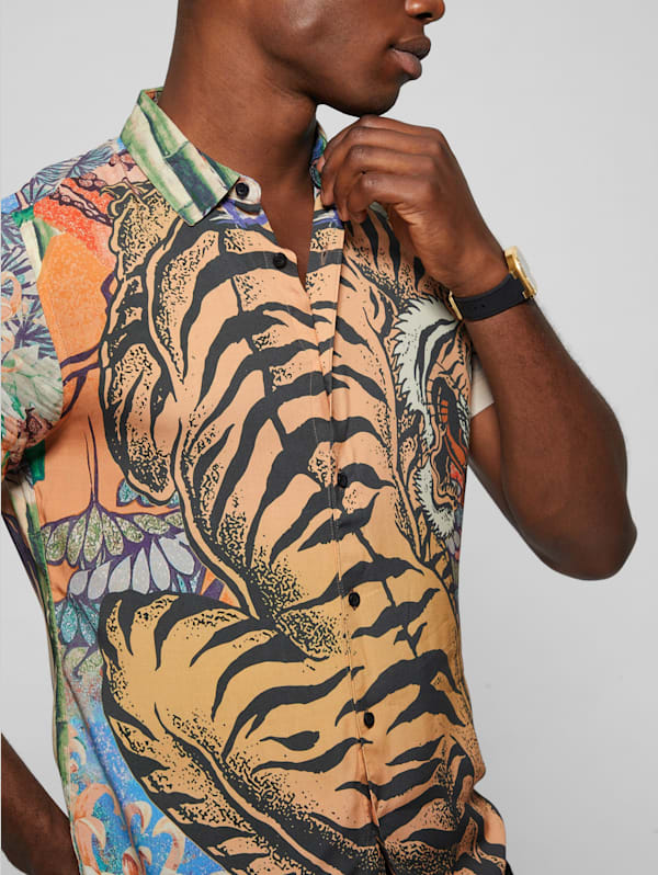 Guess Eco Rayon Bonsai Tiger Shirt - Bonsai Tiger Multi - Xs
