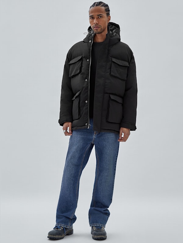 Guess men's long parka with removable fur deals