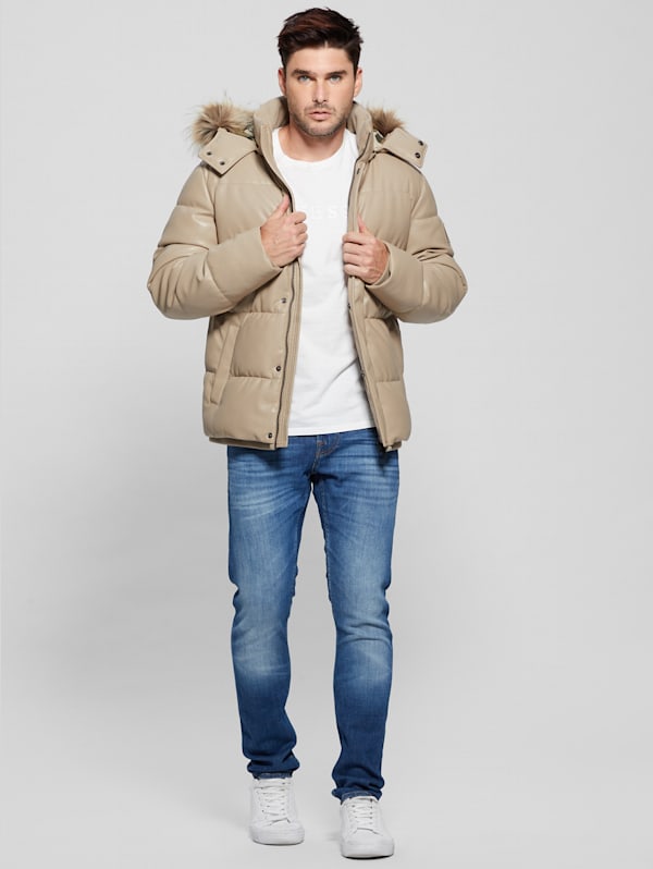 Faux-Leather Hooded Puffer Jacket | GUESS Canada