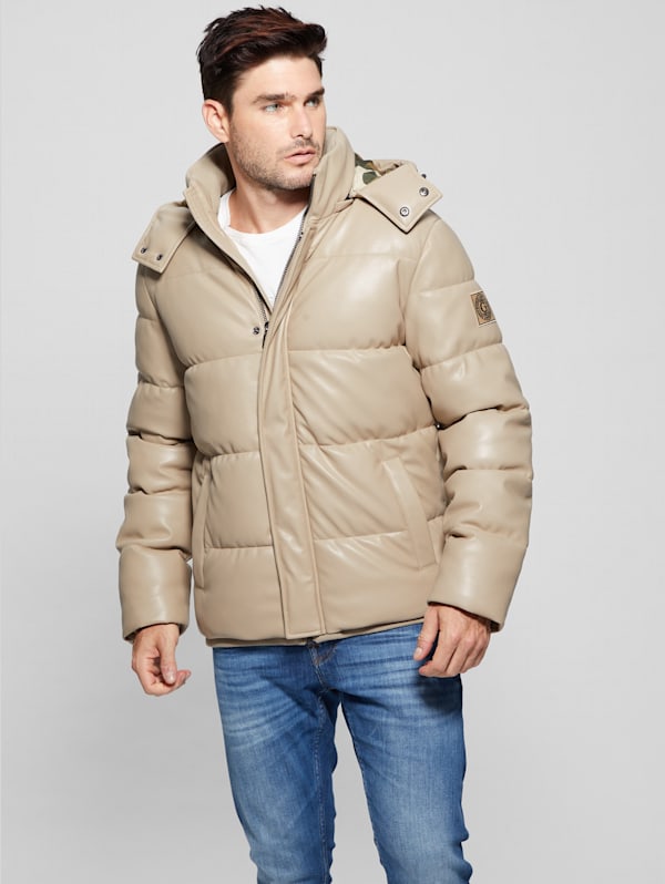 Faux-Leather Hooded Puffer Jacket | GUESS