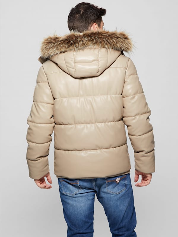Faux Leather Hooded Puffer Jacket GUESS Canada