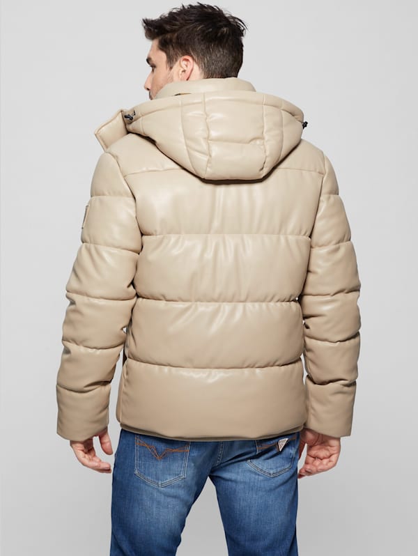 Faux Leather Hooded Puffer Jacket GUESS