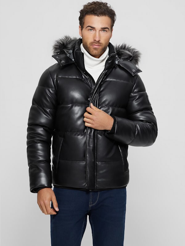 Faux-Leather Hooded Puffer Jacket | GUESS