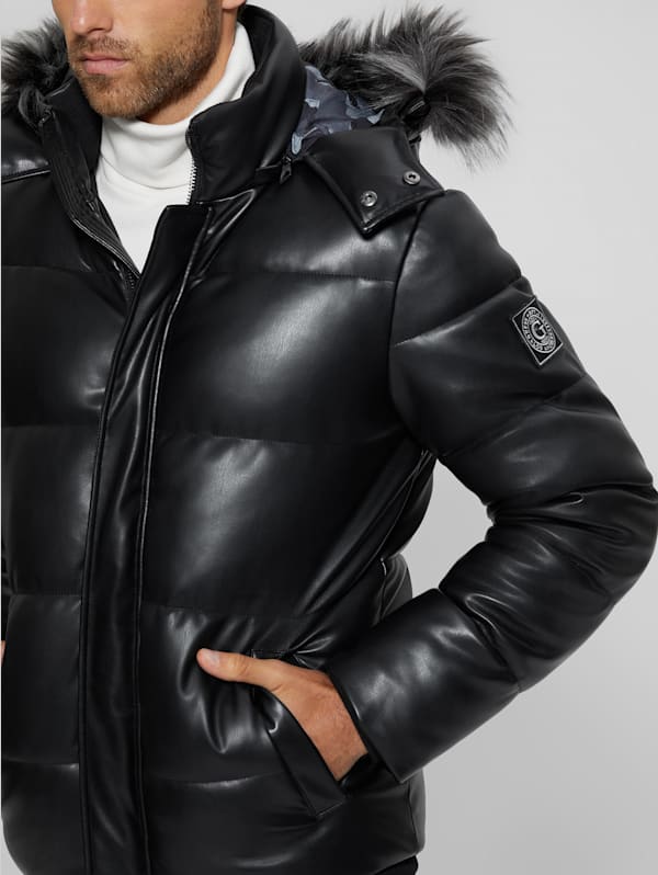 Faux-Leather Hooded Puffer Jacket