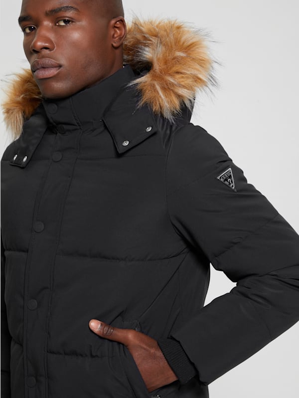 Black puffer coat with fur clearance hood mens