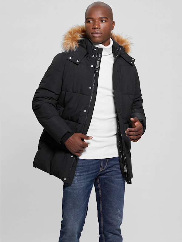 Puffer coat with fur sale hood men