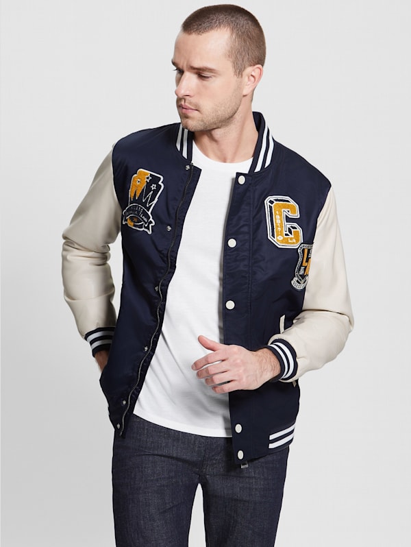 GUESS USA Appliquéd Distressed Leather Varsity Jacket for Men