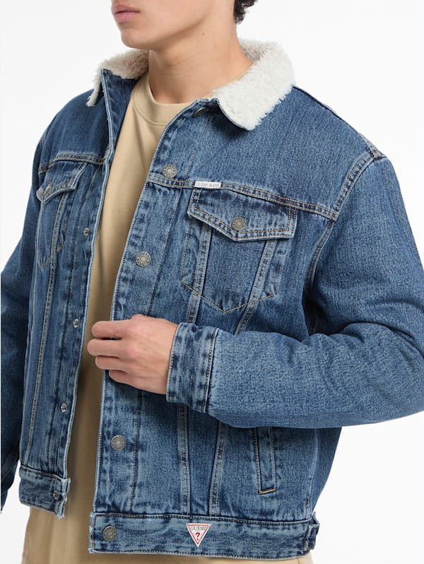 Guess Jeans Sherpa Collar Denim Trucker Jacket GJ Vintage Medium Wash M