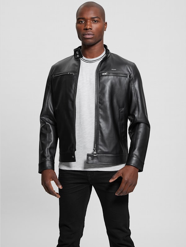 Leather Racer Jacket With Rib Knit Trim