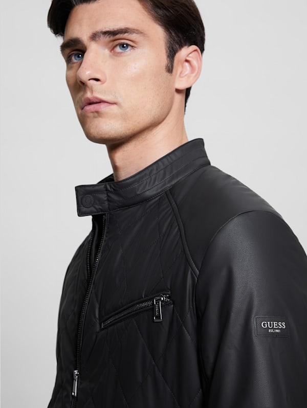 Guess men's black leather jacket top
