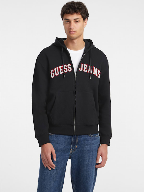 GUESS JEANS Chenille Patch Zip Up Hoodie Black S