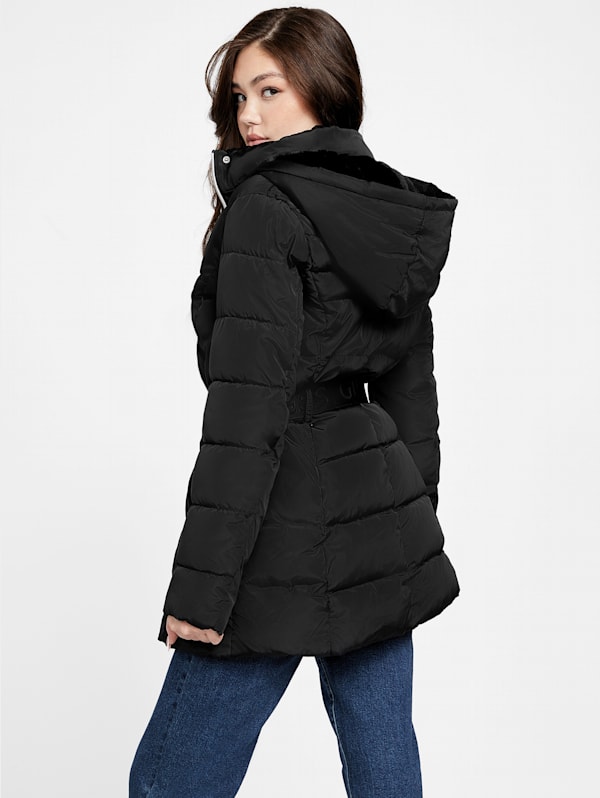 Black puffer jacket with belt and fur discount hood