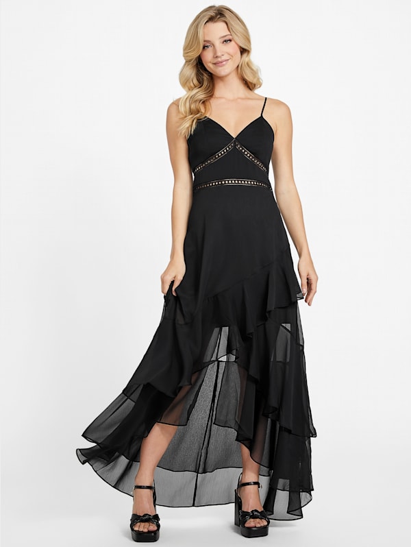 Mira Lace Open Back Maxi Dress in Black