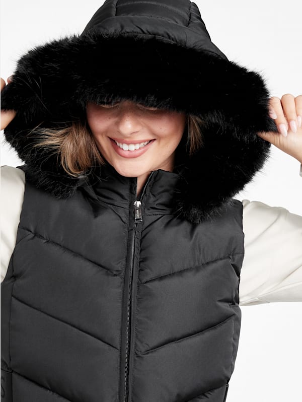 Womens black vest with fur hood hot sale