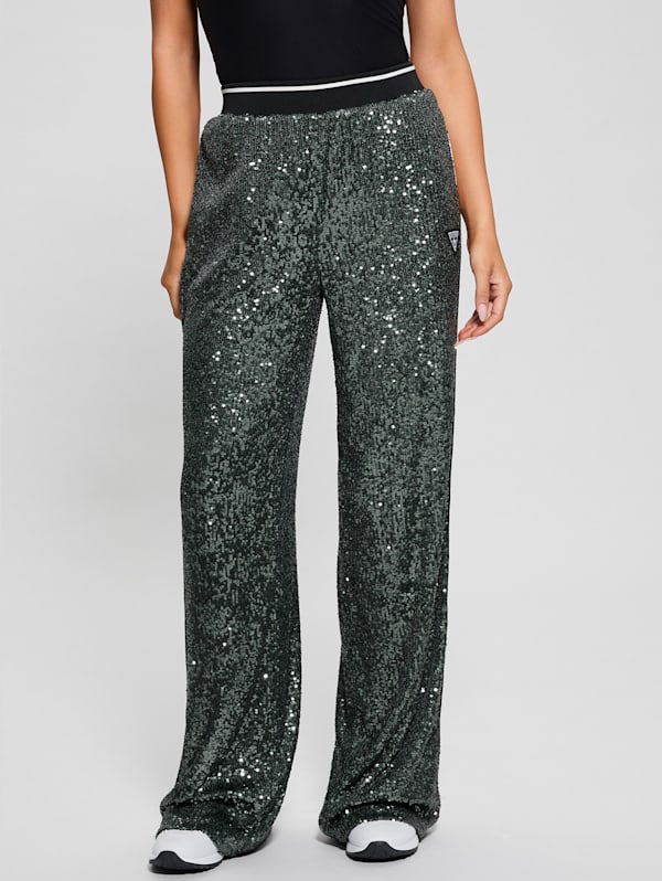 Guess Women's Sequined Track Pants - Greenery - Size S