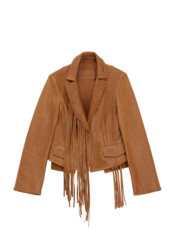 Leather gallery fringe jacket hot sale