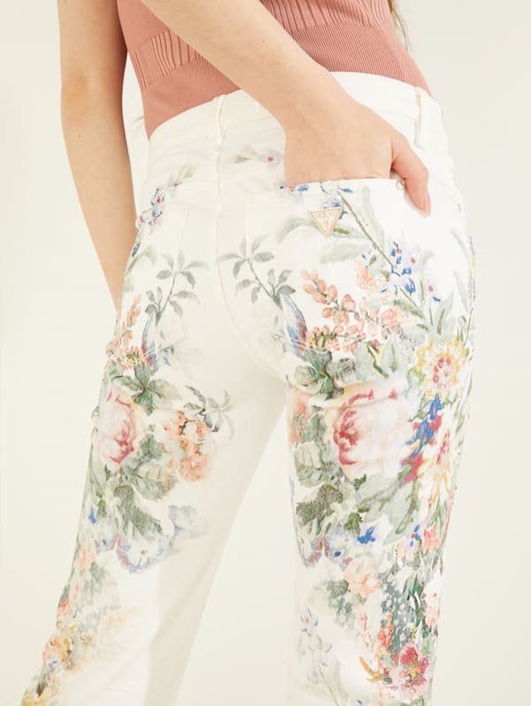 Floral White Leather Bootcut Jeans, Only $114.00