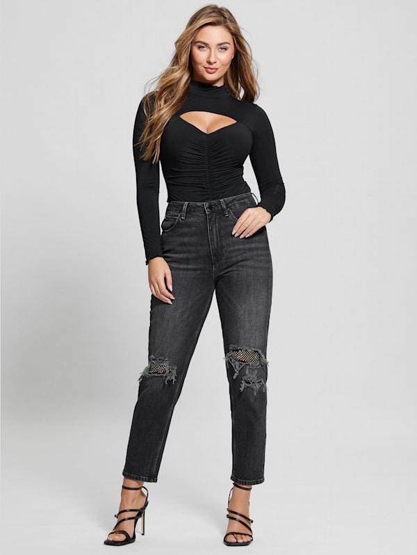 High Waisted Ripped Zip Up Jeans