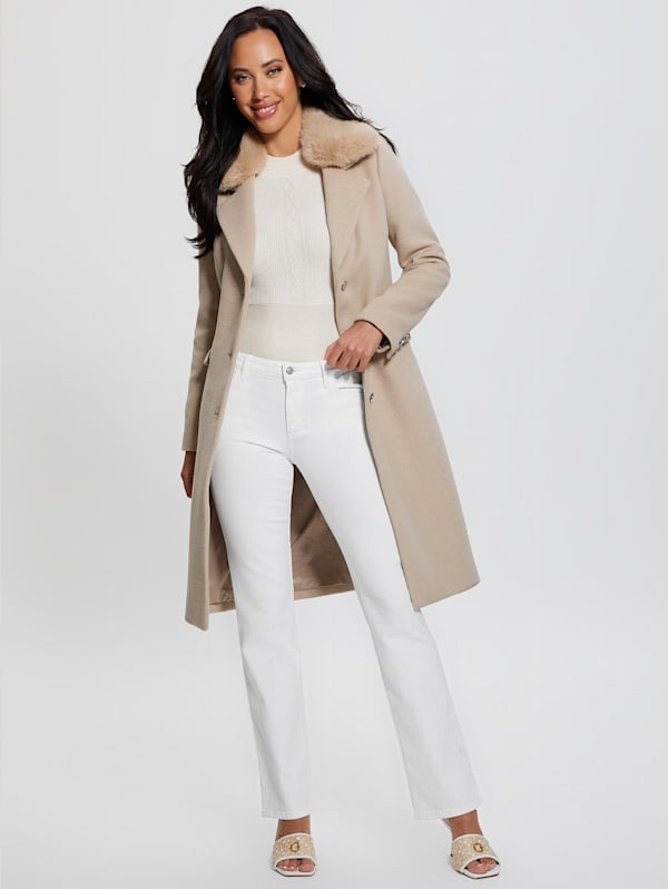 De La Creme - Womens Wool Blend Faux Fur Trim Maxi Coat