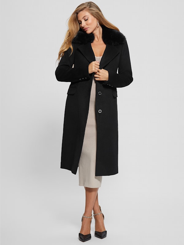 Guess Double Breasted Button Front Fit and Flare Faux Fur Collared Coat, Womens, M, Black